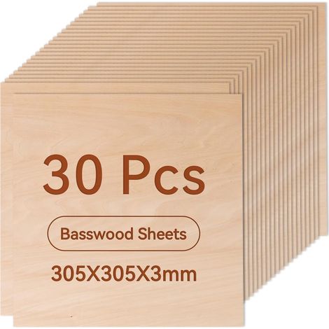 Lot de 30 plaques de contreplaqué de 3 mm - 305 x 305 mm - En bois de tilleul non traité - Pour modélisme, découpe laser, gravure sur bois, peinture CNC (1/5)