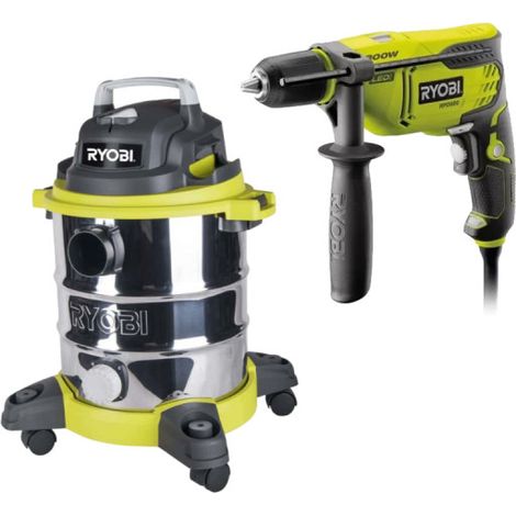 Pack RYOBI Aspirateur eau et poussière - 1250W - 20L - RVC-1220I-G - Perceuse à percussion - 800W - RPD800K