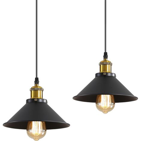 Lot de 2 Suspensions Industrielles Vintage – Lampes Plafond 22 cm Noir E27 (1/5)