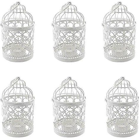 Lot de 6 photophores en métal ajouré, lanternes suspendues en forme de cage à oiseaux, centre de table décoratif vintage pour mariage. (1/5)