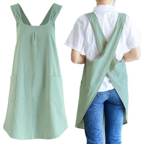 Japanisches Leinen. Geeignet für rückenfreie Kleidung. Für Herren geeignet, mit Taschen. Geeignet zum Backen, Malen, Gärtnern, für Hausarbeiten, hellgrün. (1/5)