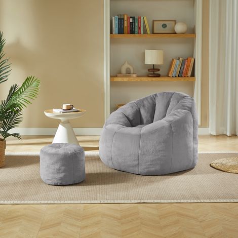 Sitzsack mit Fußhocker (105x105x70 cm), blütenförmig mit Rückenlehne und Armlehnen, Kaninchenfellimitat, Grau (1/5)