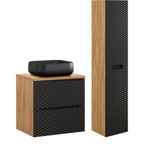 Conjunto de muebles lavabo individual 60cm y columna Elora Negro y madera (1/4)