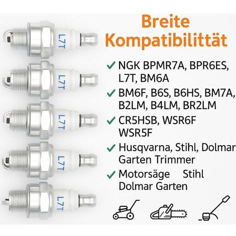 Lot de 5 Bougie d'allumage L7T pour NGK BPMR7A et Bo-sch WSR6F WSR5F et Plus de Bougies Allumag, Tronçonneuse Tondeuse à gazon Petit Moteur Accessoire Pièces (1/4)
