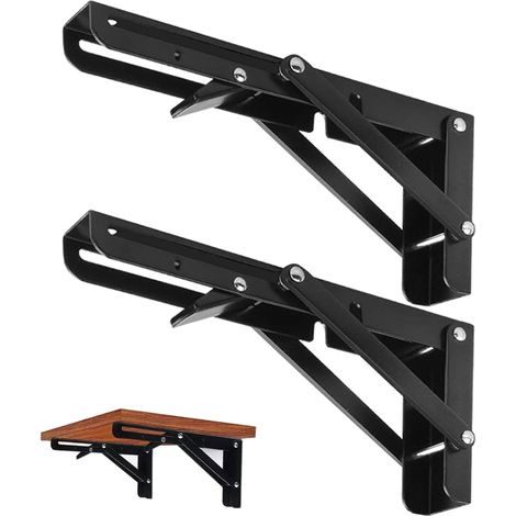 Lot de 2 consoles pliantes - 250 mm - Charge lourde - Angle de pliage à 90 ° - Peu encombrant - Étagère pliable pour bureau, garage, table, maison, cuisine (noir 250 mm) (1/5)
