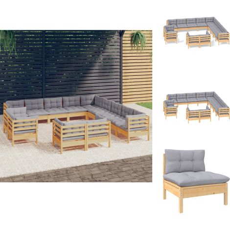 Gartenmöbel-Sets - Living 13-tlg. Garten-Lounge-Set mit Grauen Kissen Massivholz Kiefer (1/5)