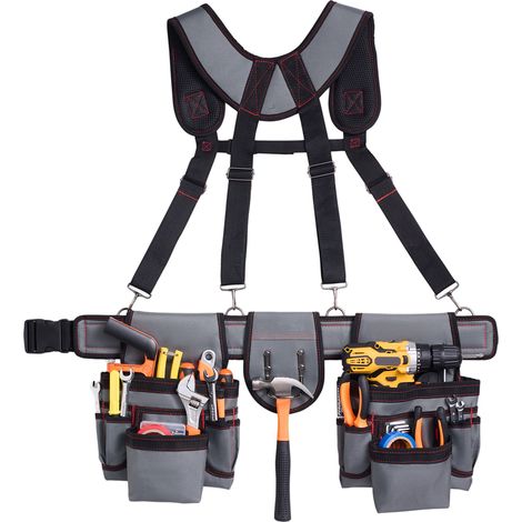 Mophorn Werkzeuggürtel mit 22 Taschen und Hosenträgern, Gürteltasche für Elektriker, Schreiner und Bauarbeiter, Organizer für Werkzeuge, Hammerhalter, verstellbar von 810 bis 1730 mm (1/5)