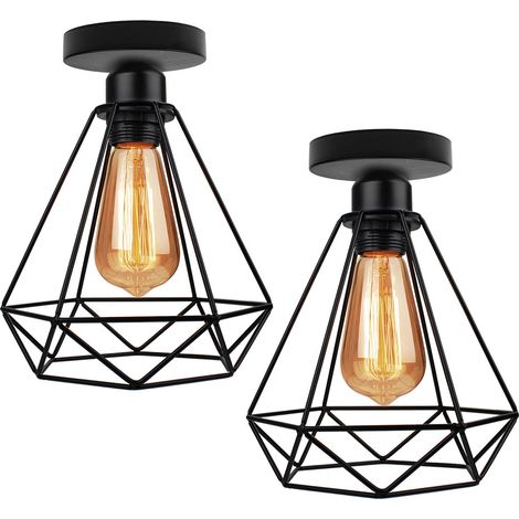 Diamond Hanging Pendant Light, Industrial Ceiling Lamp with Metal Cage Lampshade, Retro Black Chanderlier for Kitchen Island Dining Room (Ø20cm) 2PCS