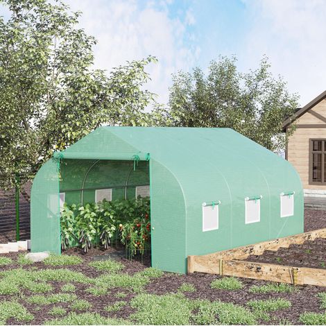 Serra da giardino con telo in plastica verde 350 x 300 x 200 cm, tetto a due falde, OKWISH (1/5)