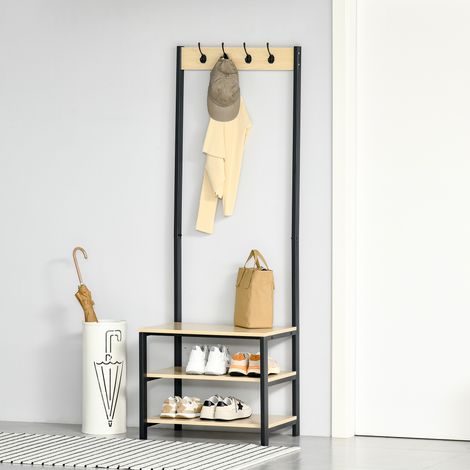 Noir Naturel 60x40x175cm - Porte-chaussures métallique avec 3 étagères et 4 crochets pour suspendre les vêtements pour l’entrée du couloir
