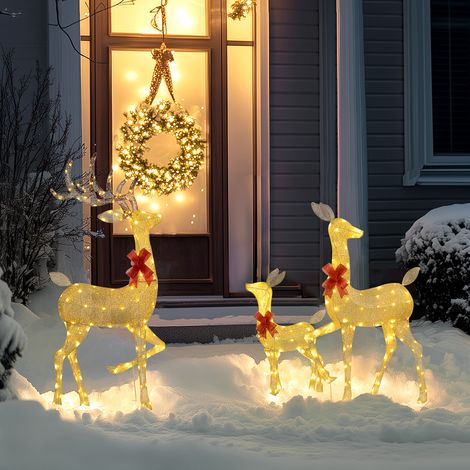 Décor de Noël lumineux 3D, famille de cerfs en acier doré, rennes LED 283 blanc chaud, ornement jardin extérieur, 3 pièces festives (1/5)