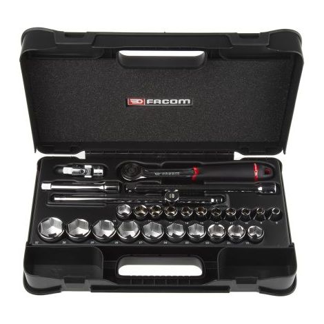 Facom – Coffret cliquet étanche 26 pièces – 1/2' 6 pans métriques – 21 douilles et rallonges – Pour chantiers humides et espaces confinés (1/4)