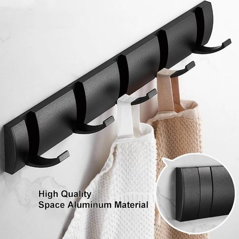 Perchero con 5 ganchos plegables - Soporte de pared de metal negro - Perchero para entrada, pared, puerta, baño, dormitorio - Negro - 35x5x2cm (1/4)