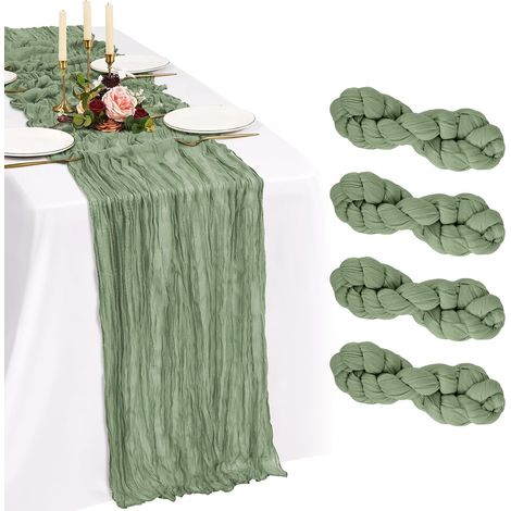 Lot de 4 Chemins de Table Vert Sauge 90x300cm Mode Chemin de Table Bohèmes en Gaze,Boho en Tissu Froissé Mousseline Gaze de Coton Rustique pour Mariage Décorations de Table (1/5)