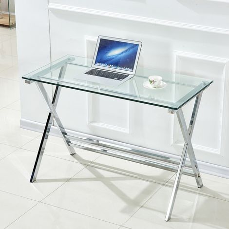 Bureau en verre trempé courbé - 110x55x76 cm - Table console et bureau d'ordinateur transparent - Bords arrondis - Transparent (1/5)