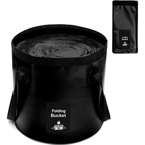 Seau à eau pliable 20 L - Léger et portable - Idéal pour le camping, la pêche, la randonnée et le lavage de voiture - Noir (1/5)