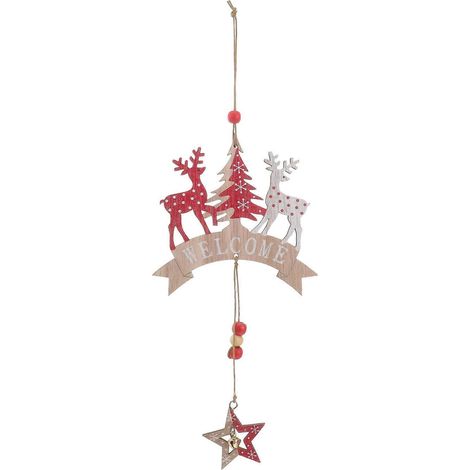 Étiquette de Noël en bois à suspendre, lettre de bienvenue, pendentif, décoration de Noël avec clochette et motif d'élan, sapin de Noël à suspendre à la porte ou au mur.-27X15CM