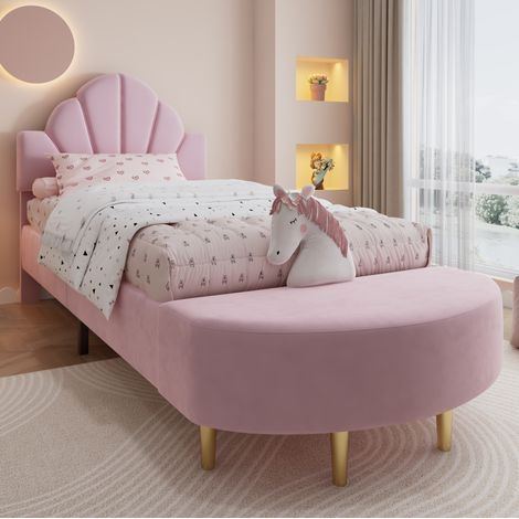 DESVIAE Lit simple rembourré avec tête de lit en velours et banc assorti rose 90 x 200 cm cadre de lit stable avec bords en éponge antichoc Pink (1/5)