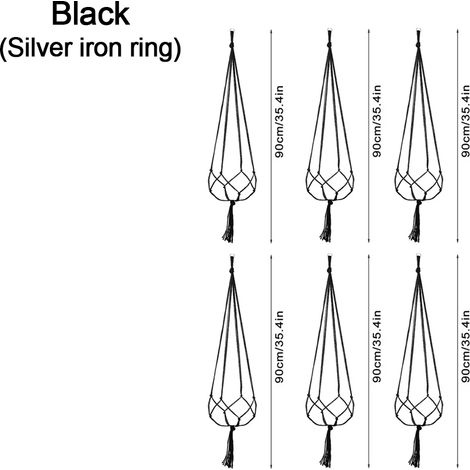 (Lot de 6 noirs) Pots de fleurs suspendus, paniers et vases avec crochet, suspensions créatives en macramé pour plantes. Filet pour pots de fleurs suspendus. (1/4)