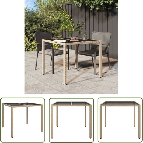 The Living Store Table de jardin 90x90x75cm Verre trempé et résine tressée Beige - Table De Jardin - Mobilier De Jardin - Table Extérieure - Table En Résine Tressée - Table Rectangulaire (1/5)
