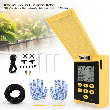 Toivize-Arroseur Solaire Double Pompe - Minuteur Intelligent - Détection Pluie - ABS 2000mAh - Système Goutte-à-Goutte pour Jardin (1/4)