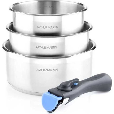 Set de 3 casseroles 16-18-20 cm Arthur Martin AM3710 - Acier Inoxydable - Poignée amovible - Tous feux dont induction (1/3)