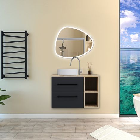 Aica Ensemble meuble de Salle de Bain Suspendu avec Vasque + 2 Rangements Ouverts, 80x46x52cm, Miroir 80x65cm Asymétrique Tricolore