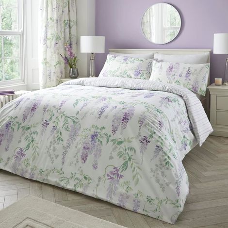Housse de couette florale violette 140 x 200 cm 1 taie d'oreiller Réversible rayure violette Entretien facile Housse de couette à fleurs de couleur lilas/lavande (1/5)