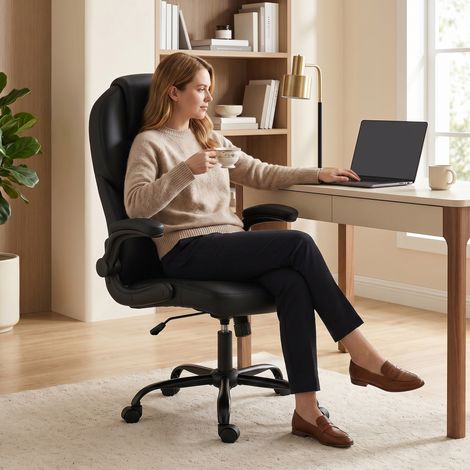 Fauteuil de bureau pivotant, fonction bascule, accoudoirs rabattables, dossier haut, hauteur réglable, noir (1/5)