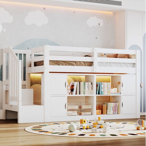 Kinder-Hochbett 90x200 cm Holz/MDF Weiß mit Stauraum und LED, ohne Matratze – MEUBLIV (1/5)
