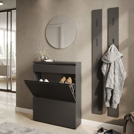 Garderoben-Set mit Spiegel, Schuhschrank & 2 Garderobenpaneelen in graphit, modern, 4-teilig - BADIA-01 (1/5)