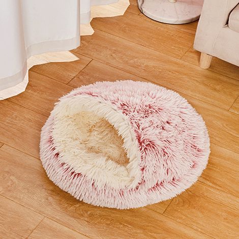 Warmer und weicher Katzenbett, geschlossenes Haus für Katzen und kleine Hunde, winterliches Plüschkissen in langem Rosa, große Größe 50 cm für Haustiere unter 5 kg, ideal für Herbst und Winter-lsw
