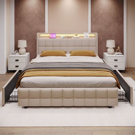 Lit double rembourré 180x200 cm avec 4 tiroirs, LED et prises USB - beige (1/5)