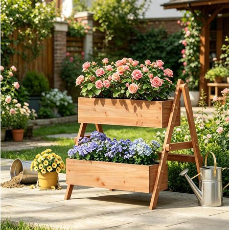 Treppen-Hochbeet mit Ebenen aus Tannenholz 80x62x68 cm OKMYHOME (1/5)