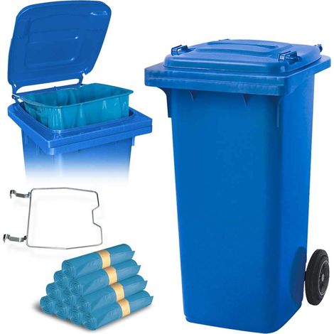 BRB 120 Liter Mülltonne mit Halter für Müllsäcke, inkl. 250 Müllsäcke (blau)