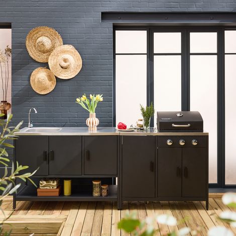 Cuisine extérieure Naxos 2 modules acier inoxydable noir barbecue gaz 3 brûleurs avec évier