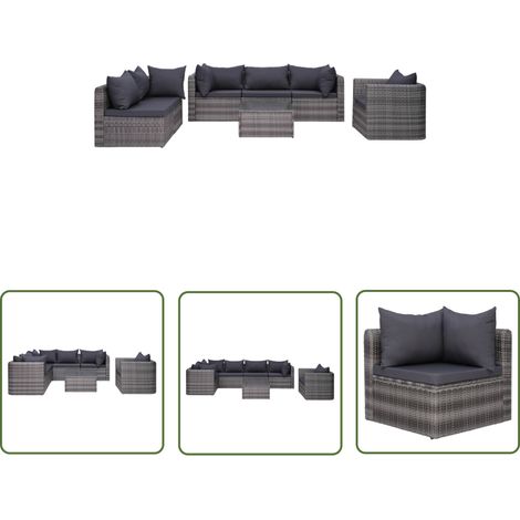 The Living Store 7-tlg. Garten-Sofagarnitur mit Polster&Kissen Poly Rattan Grau - Gartensorga - Outdoor Möbel - Lounge Set - Gartenlounge - Rattan Gartenmöbel (1/5)