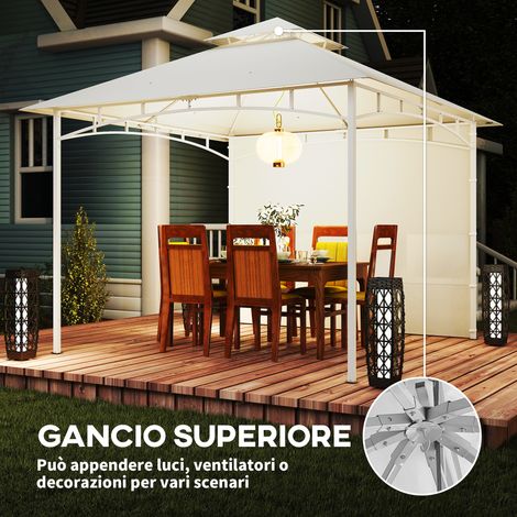 Pergola métallique 3x3 m blanc crème pour jardin, avec rideaux, pochettes de rangement et crochet au plafond (1/5)