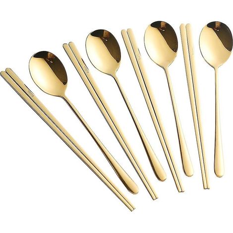 Ensemble de 4 baguettes et cuillères coréennes dorées, ensemble de 8 baguettes et cuillères en acier inoxydable 304 (1/5)