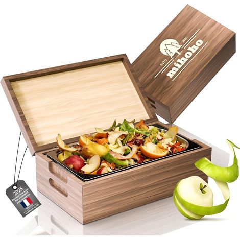 Poubelle de Cuisine 4L - Bois véritable et Acier Inoxydable, Poubelle Anti-odeurs pour déchets Alimentaires avec récipient intérieur Amovible, conteneur à déchets Alimentaires pour la Cuisine (Noyer) (1/5)