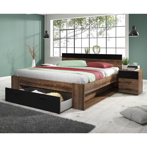 Schlafzimmer Doppelbett Kombinationsset in Monastery Eiche Nb. mit schwarz BIRMINGHAM-83 Liegefläche 180x200 cm (1/3)