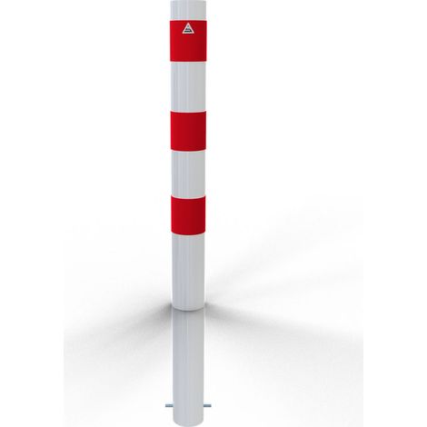 Schake Absperrpfosten ortsfest zum Einbetonieren aus Stahlrohr verzinkt Ø102x2,9mm weiß mit rot reflektierenden Leuchtstreifen, Dübelbefestigung und Stahlkappe 900mm Überflur