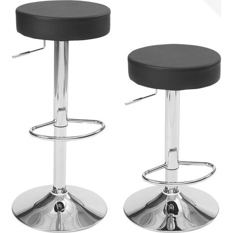Ensemble de 2 tabourets de bar ronds en similicuir sans dossier, hauteur réglable, repose-pieds, pivotants à 360°, pieds chromés YO (noir) (1/5)