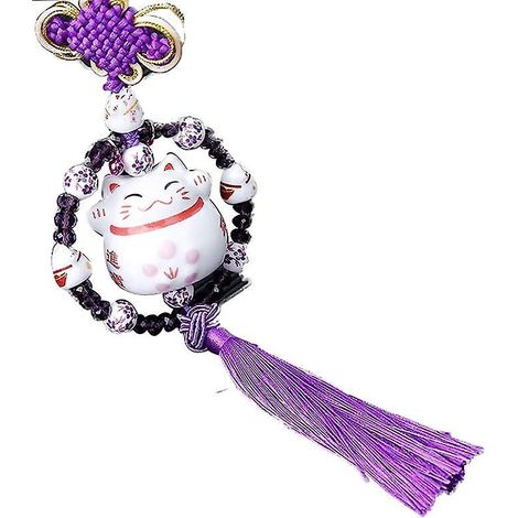 (violet) Ornement En Cramique De Chat Porte-bonheur Mignon, Pendentif De Rtroviseur De Voiture, Pendentif Dcoratif De Rtroviseur Intrieur De Voitu (1/5)