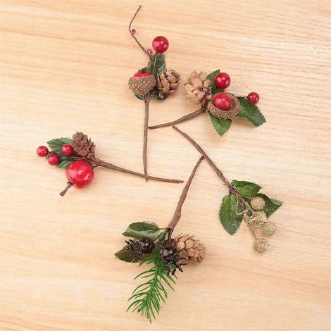 15 pièces de baies de Noël rouges et de pommes de pin avec des branches de houx pour la décoration-- (1/5)