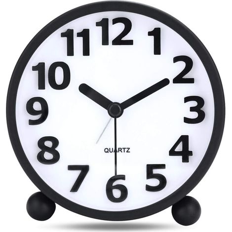 Réveil analogique silencieux, grand chiffre 3D en métal noir, fonction snooze (1/4)