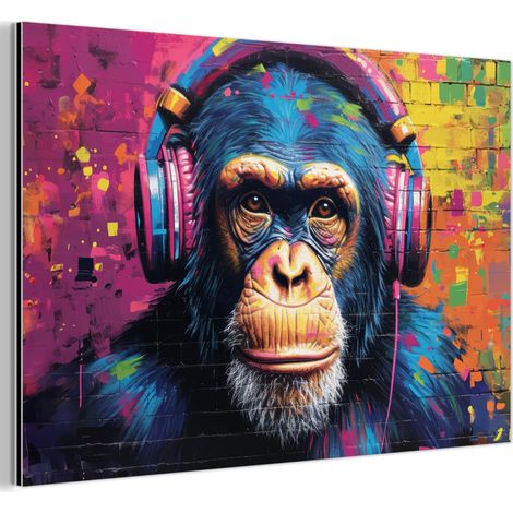 TABLEAU EN MÉTAL Graffiti - Chimpanzé - Street art - Casque audio - Singe Tableau Décoration Murale 60x40 (1/5)