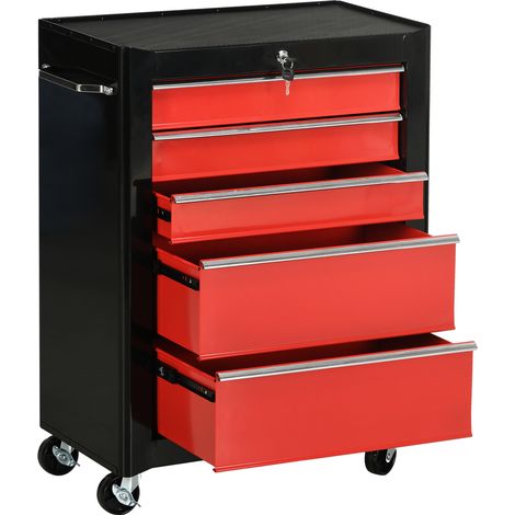 Chariot à outils 5 tiroirs verrouillables avec clés, servante d'atelier acier rouge 61.5x33x82.5 cm