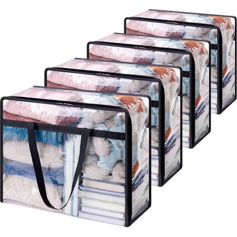 Sacs de rangement en plastique transparent pour vêtements (4 unités, 40 L), pliables, pour ranger les vêtements, organisateur de placard, avec poignée renforcée, pour ranger la literie, les vêtements, (1/4)