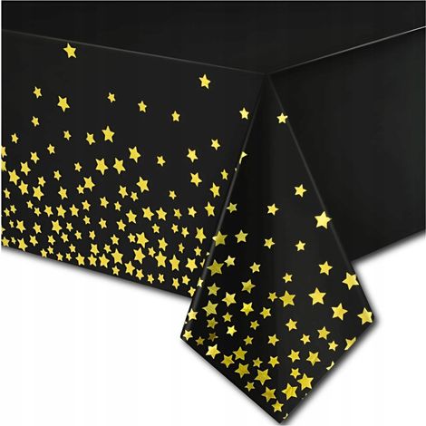 3er-Pack fleckenabweisende Tischdecken, geeignet für Folientische, schwarzer Hintergrund mit goldenem Sternenmuster, 137 x 274 cm (1/5)